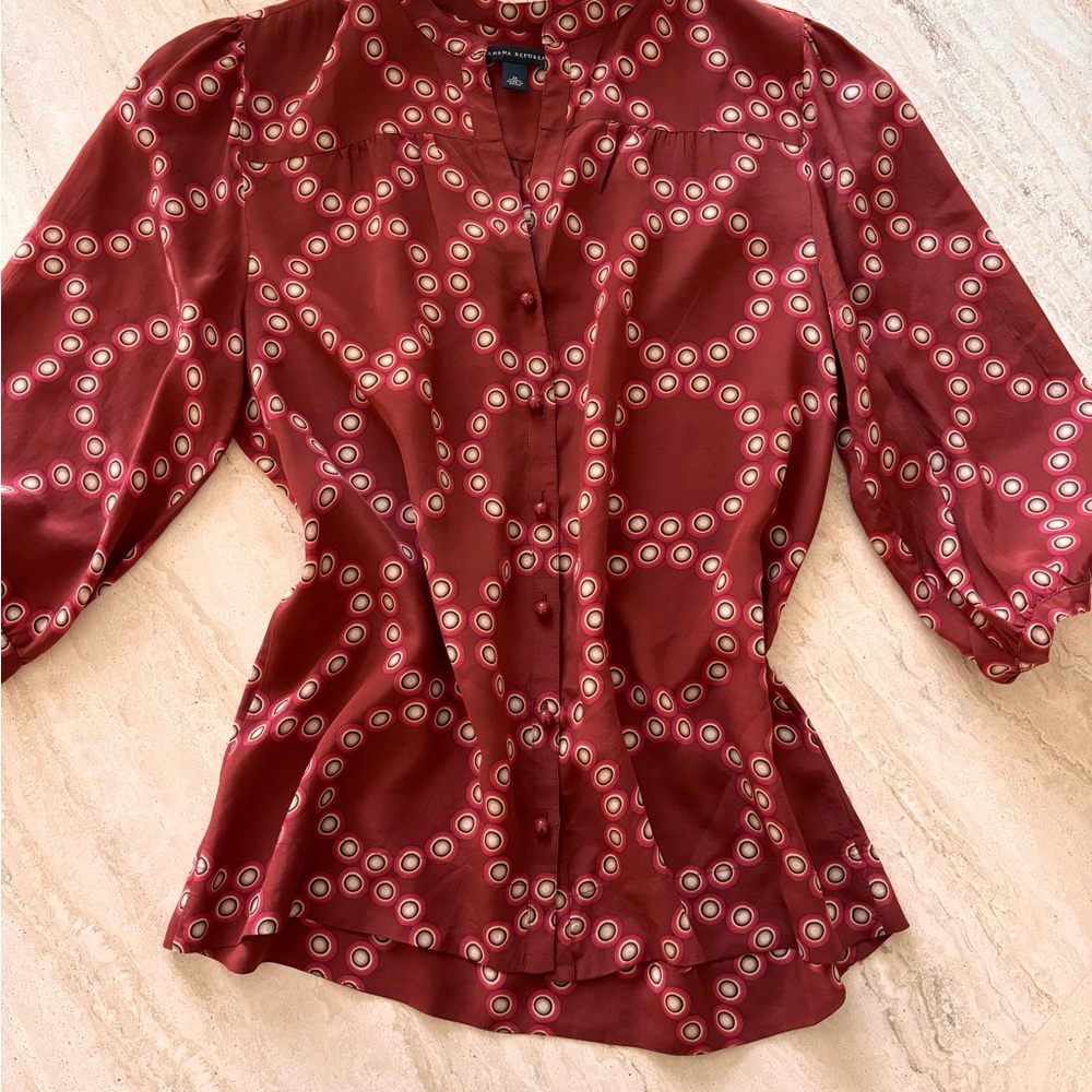 Banana Republic Burgundy Printed Puff-Sleeve Blouse